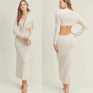 Lush Maxi Dress NWT S Ivory Knit Cut Out Long Sleeve Tie Front V-Neck Cream